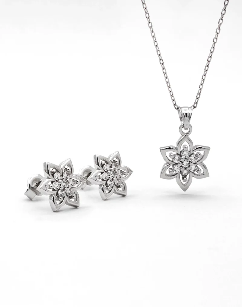 silver necklace earring set, gümüş kolye küpe set, lotus çiçeği set