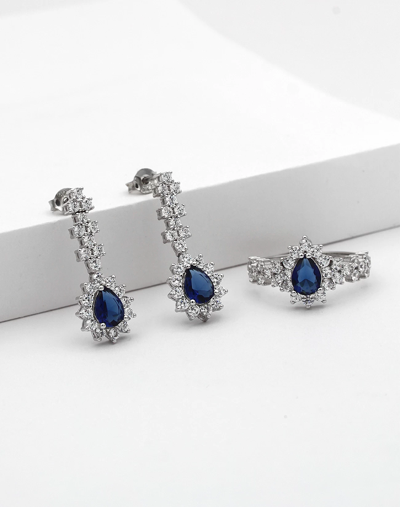 Brsl0207 silver jewelry set, gümüş takı seti, damla safir yüzük küpe kombin