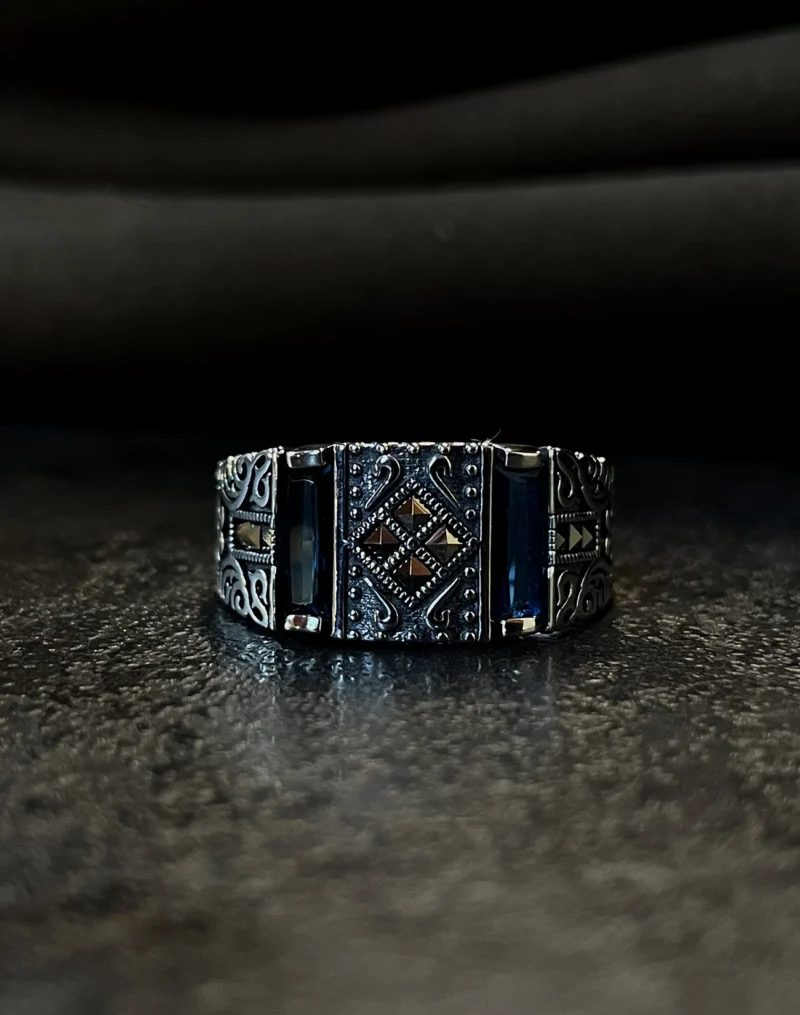 Safir Baget Taşlı Modern Tasarım Gümüş Erkek Yüzüğü