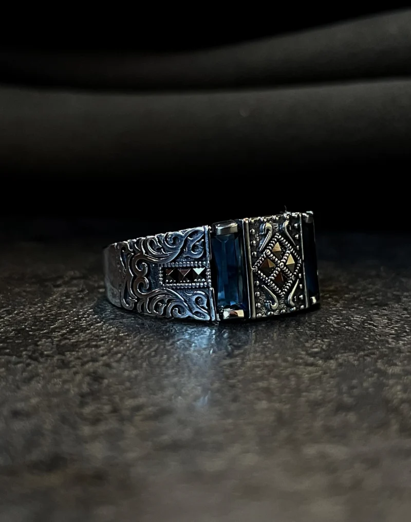 Safir Baget Taşlı Modern Tasarım Gümüş Erkek Yüzüğü