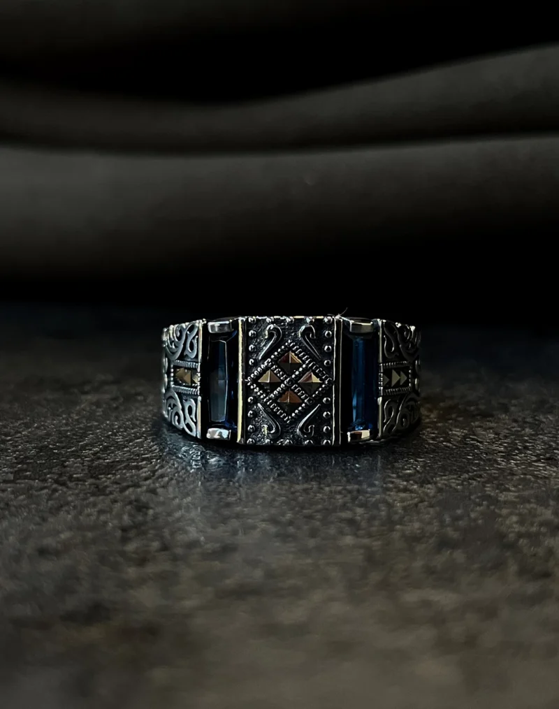 Safir Baget Taşlı Modern Tasarım Gümüş Erkek Yüzüğü