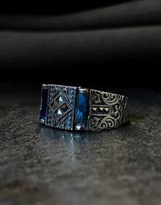 Safir Baget Taşlı Modern Tasarım Gümüş Erkek Yüzüğü