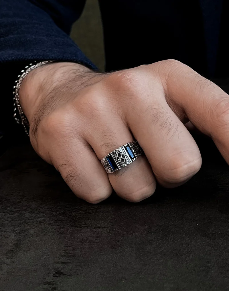 Safir Baget Taşlı Modern Tasarım Gümüş Erkek Yüzüğü
