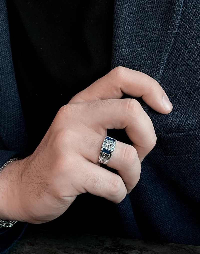 Safir Baget Taşlı Modern Tasarım Gümüş Erkek Yüzüğü