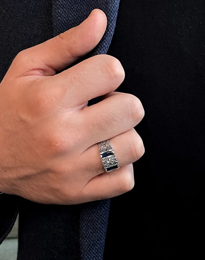Safir Baget Taşlı Modern Tasarım Gümüş Erkek Yüzüğü